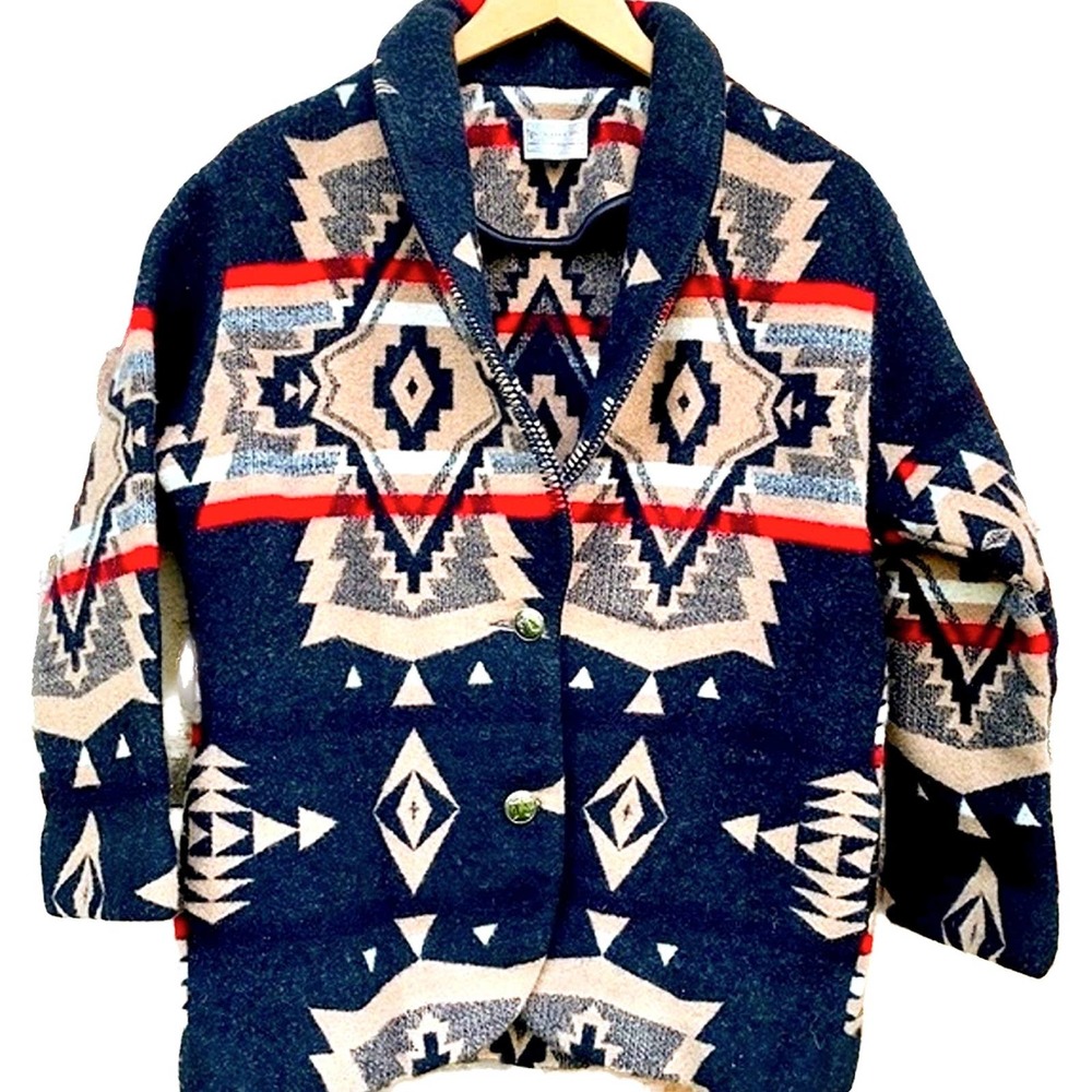 PENDLETON WOOLEN MILLS Vintage USA Wool Aztec Southwest Blanket Coat Jacket L